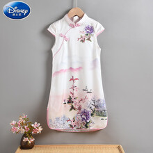 迪士尼高端童装女童旗袍夏季中国风薄款丝绸2021年新款大童连衣裙儿童走秀款小孩夏天小孩子穿的 紫色 120码建议身高103-113厘米