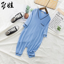 中大童连体睡衣莫代尔春夏踢着凉男女童哈衣睡袋连体衣爬服j 蓝色 140码【身高140cm】