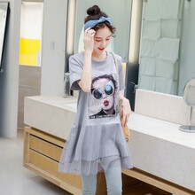 【Evich】孕妇装夏装套装2021新款孕妇春夏装潮妈短袖上衣连衣裙两件套夏季 单件灰色上衣 M