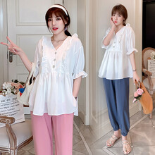 珺瑞禾  孕妇装夏装套装时尚款网红洋气大码短袖上衣夏季外出休闲裤子孕妈装两件套 白色上衣 M(建议体重90-110斤)