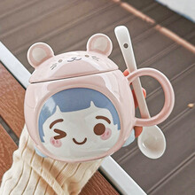 蓝极（Bluepolar）大容量马克杯女可爱水杯创意个性卡通陶瓷杯带盖勺办公室燕麦杯子 粉色鼠+陶瓷勺-430ml