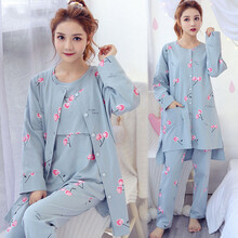 大码睡衣女200斤秋季产妇孕期睡衣月子服哺乳衣春秋棉质三件套产后孕妇喂奶衣薄款加肥大码w 蓝色 三件套 4XL 185-220斤