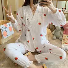 支持鴻星尔克 /LIUYU产后月子服小个子新品孕妇睡衣夏季薄款纱布春秋哺乳家居服 绉布和服白草莓 M【90-115斤】