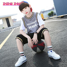 童装男童套装2021夏季新款帅气篮球服中大童小男孩儿童套装短袖休闲短裤两件套3-12岁潮 灰色 150 建议身高135cm-145cm