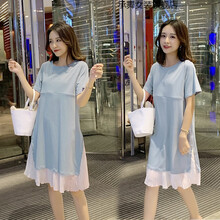 21年辣妈哺乳期连衣裙子外穿夏季新款装宽松哺乳中长款哺乳裙潮妈宝妈孕妇产后时尚外出喂奶母乳裙 浅蓝色 L