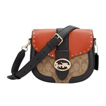 【送女友】COACH 蔻驰 奢侈品 女士卡其拼色PVC配皮单肩斜挎马鞍包C3593 IMRL7