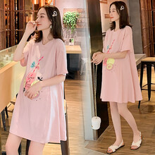 莎纤韵 孕妇连衣裙夏装孕妇装夏套装T恤裙时尚潮妈洋气遮肚减龄气质上衣 粉色 M
