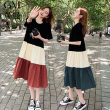 革曼 孕妇装夏装网红洋气夏季撞色短袖孕妇连衣裙纯棉过膝孕妈长裙胖mm200斤夏天裙子潮 砖红色 XL