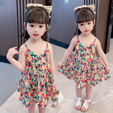 蚁派童装女童连衣裙夏季儿童衣服女裙子薄款洋气时髦韩版吊带裙小孩碎花公主裙 红色 100码建议2-3岁 (身高90-100cm)
