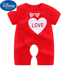 迪士尼小孩子婴儿连体衣服夏季男0幼儿1岁短袖开档网红可爱纯棉女宝宝薄款夏装夏天 红色 爱心领结短袖开裆哈衣 100cm