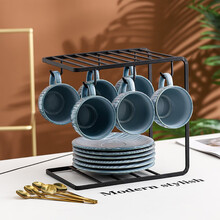 一淘一陶日式陶瓷杯咖啡杯套装小奢华红茶杯下午茶茶具家用家用咖啡壶6件套 窑变云山蓝6杯+6碟+6勺+黑架