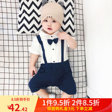 男宝宝夏装新生儿绅士哈衣3-6-12个月婴儿绅士领结连体衣短袖爬服夏天薄款满月服百日宴礼服拍照衣服 短袖吊带蓝绅士 66码