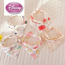 迪士尼女宝宝三角口水巾纯棉婴幼儿童围嘴兜蕾丝花边双层按扣围巾韩版 5条装三角巾 牡丹梅花系