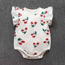 布布谷婴儿包屁衣夏季新生儿公主三角哈衣纯棉女宝宝可爱碎花爬服连体衣 满身樱桃飞袖三角哈衣 73cm