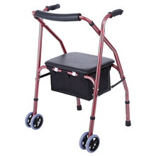 御祥康  老人助行器带轮扶手拐杖可坐可折叠轻便购物手推车康复辅助学步车 红色黑布袋双轮款
