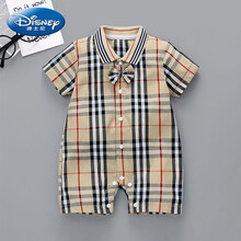 ℘迪士尼（Disney）婴儿连体衣夏季天薄款0-3-6个月新生儿纯棉短袖哈衣男宝宝爬服装 格子短袖037 90