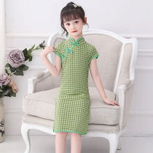 ℂ&轻奢大牌童装5儿童旗袍女童10夏季小孩子穿的12岁中国风汉服漂亮旗袍裙改良版连衣裙2021新款女 绿格 1314 140 收藏店铺送小礼品