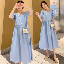 苒祺祺孕妇装夏季新款时尚潮妈宽松泡泡短袖纯棉透气夏天裙子百搭孕妇连衣裙 蓝色 L