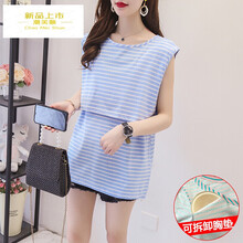 春夏哺乳衣带胸垫外出喂奶服免穿辣妈款时尚衣短袖T恤月子服 501蓝 M