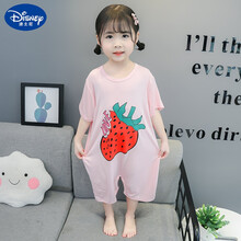 迪士尼（Disney）儿童睡衣夏装纯棉连体家居服女宝宝夏季空调服男女童防着凉ma爬服 秦七路56-1莫代尔草莓连体衣粉色 80cm