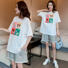 芷玥 孕妇装套装夏季夏款孕妇卡通套装孕妇两件套外出外穿宽松大码孕妈装 灰色短裤 M