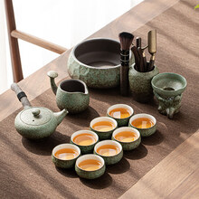 全季酒店茶具 绿色粗陶日式功夫茶具套装家用办公现代简约陶瓷茶杯泡茶壶小茶台 绿釉+侧把壶 14头套装