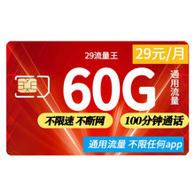 中国联通 联通4g卡上网卡电话卡联通无限流量卡通话卡号码日租卡全国不限量京东卡5G手机卡月租大王卡 5G联通29流量王-29元60G高速流量100分钟