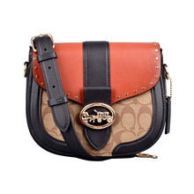 蔻驰（COACH）georgie春夏新款拼色马车logo小猪包马鞍包单肩斜挎包女包 卡其棕拼黑 C3593 IMRL7