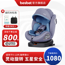 贝思贝特（besbet）儿童安全座椅0-12岁汽车用婴儿宝宝360度旋转 薄雾蓝-现货秒发