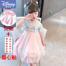 迪士尼官网新品自营汉服女童夏季连衣裙薄宝宝超仙中国风唐装儿童夏装古装雪纺公主裙 绿色 收藏加花朵头饰 90cm