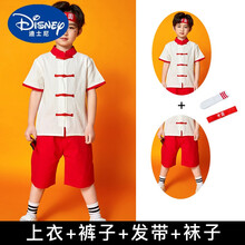 迪士尼（Disney）六一儿童演出服中国风汉服男童小学生国学幼儿园服装毕业拍照衣服 603盘扣上衣+383红色短裤+红中国发带+白底红 100cm
