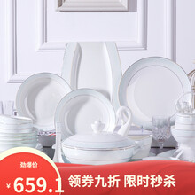 洛威 碗碟套装家用简约现代骨瓷餐具62件套金边碗具碗筷组合 套装