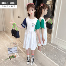 巴拉巴拉旗下巴帝badi 女童连衣裙2021新款洋气中大童收腰裙子夏季时尚短袖t恤休闲裙潮 藏青色 110
