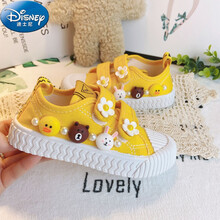 迪士尼旗舰官方店3-9岁小朋友穿的帆布鞋女童鞋子2021年春夏季新款黑色帆布鞋薄款小女孩儿童布鞋女春 黄色-魔术贴 35