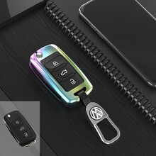 适用于大众速腾钥匙套宝来途观朗逸plus探岳探歌途岳途昂凌渡POLO高尔夫钥匙包汽车钥匙扣金属壳全包 全包折叠B款-皮标扣【彩色】