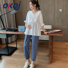 OKOJ 孕妇套装夏装时尚雪纺衬衫上衣高定私服短袖洋气夏天潮妈两件套夏季装 上衣+裤子（两件套） XL
