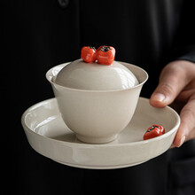 悟茶事 陶瓷草木灰釉盖碗茶杯手工功夫茶具三才碗单盖泡茶器 好事成双组合