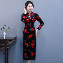 简胜旗袍女新款中国风改良版连衣裙中年婚礼服妈妈长袖金丝绒长款工艺初恋风情收腰闺蜜装骨感精致胖 红紫薇【秋款】_胖人女学生别致伴娘极简女...