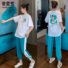 普雷芳洋气孕妇装夏装小个子潮妈休闲运动套装外出时尚款孕妇短袖T恤上衣托腹裤夏季两件套 白色上衣 M