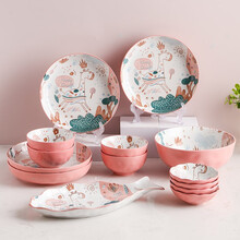 日式创意可爱陶瓷碗碟碗盘碗筷餐具套装卡通面碗家用饭碗汤碗味碟盘子多人组合微波炉烤箱适用 一淘一陶 （粉鹿幻想)四人食