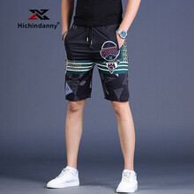 HichinDanny品牌冰丝薄款运动裤男休闲短裤夏季新款男士修身中裤外穿印花五分裤潮流 黑色 31