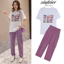 小兀 孕妇装套装夏季夏款孕妇套装孕妇两件套外出外穿宽松大码孕妈装 上衣 M