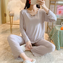 七采雏菊  夏季月子服薄款莫代尔孕妇睡衣产后哺乳喂奶衣圆领运动休闲套装7-9月孕妇家居服春秋 T灰色圆领莫代尔套装 M码（80-120斤内合适）