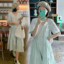 小兀 孕妇装夏装孕妇裙夏季夏天外穿孕妇连衣裙宽松大码孕妇裙子孕妈装 浅绿色 M
