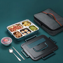 拜格304不锈钢饭盒单层五格大容量餐盒注水加热上班族学生便携大容量分隔型带汤碗便当餐盒 304饭盒-墨绿色（配筷勺+汤碗+保温袋）
