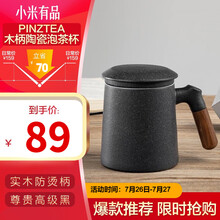 小米有品 PINZTEA 平仄木柄陶瓷泡茶杯创意色釉陶瓷泡茶杯带盖过滤茶杯380ml 黑色