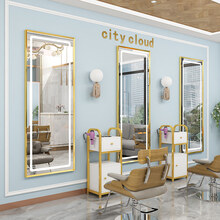 理发店镜台美容美发镜网红LED带灯发廊专用一体落地简约美发镜子 金色170*70(有灯) 标配