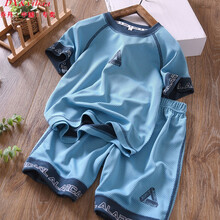 乔·丹(中国)专卖男童夏装套装儿童短袖短裤夏季速干网眼印花冰丝中大童T恤薄宽松 浅蓝色 衣标160建议身高160