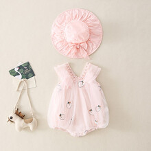 益淘网红婴儿夏装衣服无袖女宝宝带帽三角爬服套装满月公主连体衣夏季 粉色加帽子 90cm