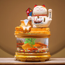 创意猫摆件自动招手循环流水鱼缸桌面装饰店铺收银台开业送礼 猫流水器摆件-摇手款-家内平安